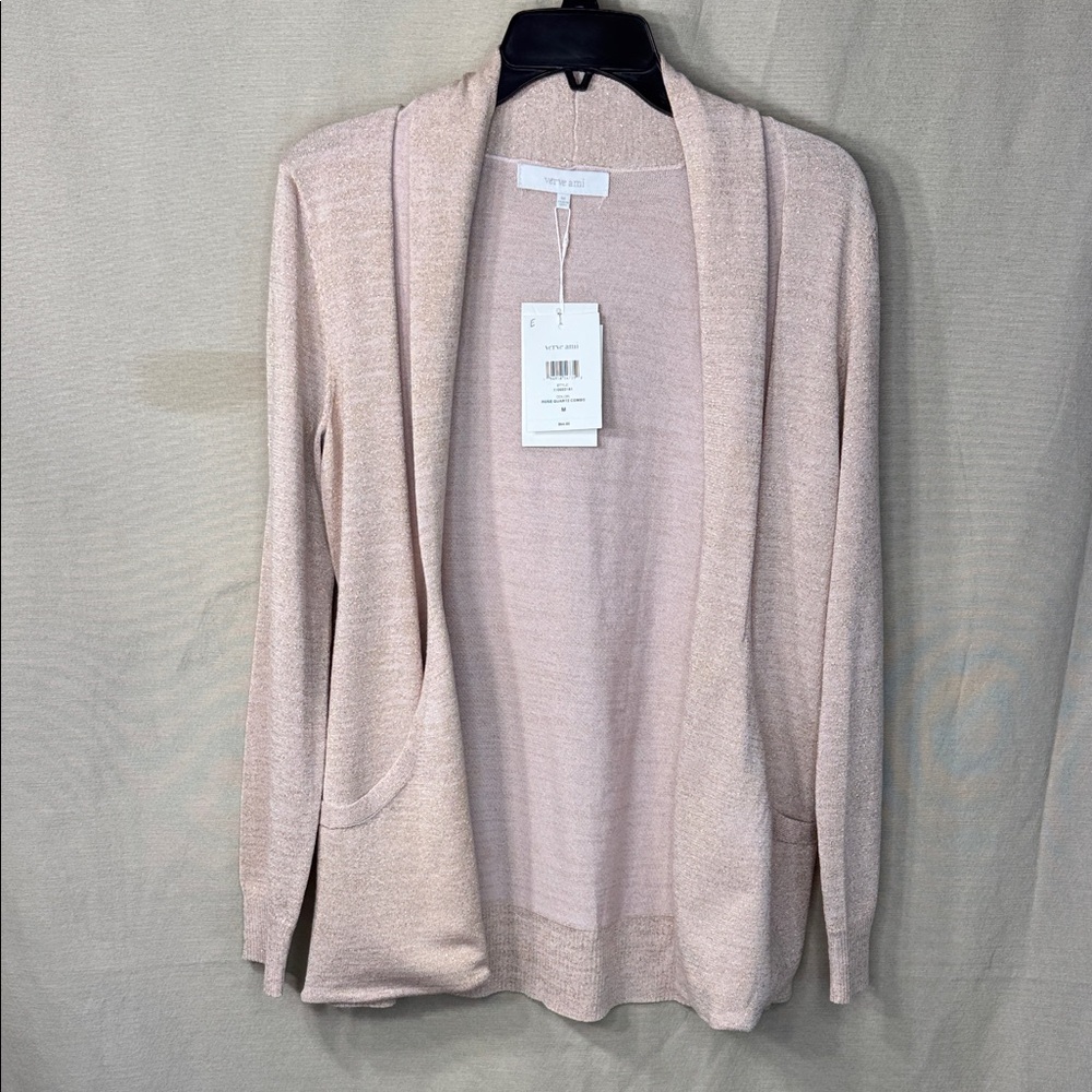Verve Ami Sweater Pink/Gold Cardigan Open Front w/ Lapel Pocket Sz. M & L NWT - Picture 3 of 14